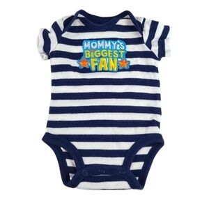 Vintage Newborn Baby One Piece Bodysuit Romper Blue White "Mommy's Biggest Fan"